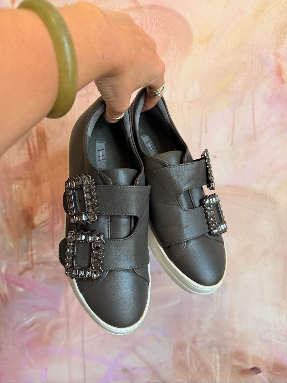 Vera Wang Grey Leather Slip-On Sneakers with Jeweled Buckles